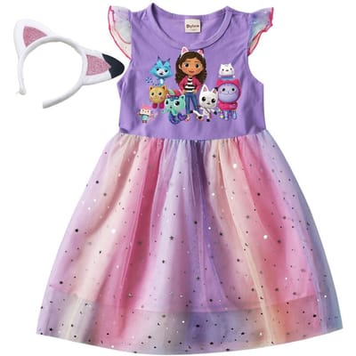 Maison de Poupées de Gabby pour Enfants Chats Robe de Princesse Été Décontracté Filles Robe en Maille Arc-en-ciel Enfants Carnaval Mariage Fête d'Anniversaire Robe 100 3T white