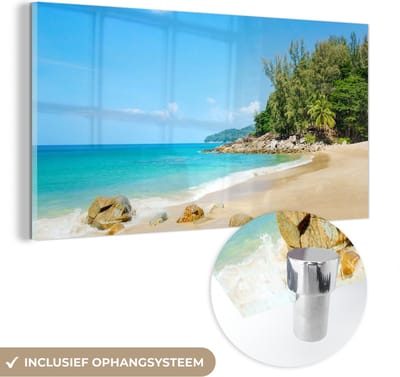 MuchoWow® Glasschilderij 40x20 cm - Schilderij acrylglas - Strand - Zee - Planten - Tropical - Foto op glas - Schilderijen