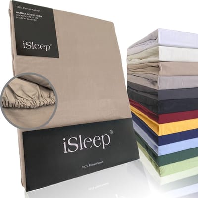 iSleep Perkal Hoeslaken - 100% Perkal Katoen - Hoge Hoek - Rondom Elastiek - Eenpersoons - 80x200 cm - Medium Beige