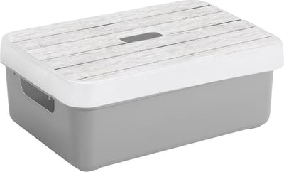 Sunware opslagbox - 9 liter - lichtgrijs - kunststof - 35 x 25 x 12 cm - met afsluitbare deksel in houtnerf print