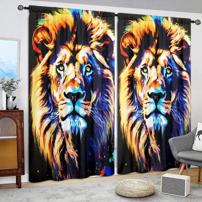 2 stuks Kleurschildering Leeuw Bedrukte Gordijn voor Huisdecoratie - Tunnelzak Raambekleding voor Slaapkamer, Kantoor, Keuken, Woonkamer 52.5cmX116cm X 2pcs blue