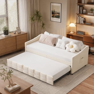 Tweepersoonsbed, 90/90 x 200 cm, slaapbank, gestoffeerde opklapbare slaapbank, uitschuifbare opklapbank, lattenbodem, Fluweel, Beige