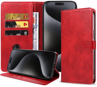 Geschikt voor iPhone 15 Pro Max Telefoonhoesje Kunstleer met Magnetisch lipje en Pasjeshouder Book Case met Klepje - Rood - Smartphonica geschikt voor iPhone 15 Pro Max