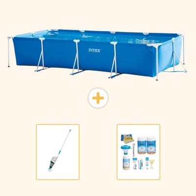 Intex Rechthoekig Frame Zwembad - 450 x 220 x 84 cm - Blauw - Inclusief Stofzuiger - Onderhoudspakket - 3-delig