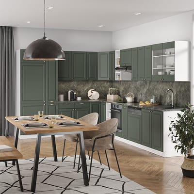 Vicco Hoekkeuken Fame-Line, Groen-Goud Landhuis/Wit, 347 x 257 cm, WB Marmer