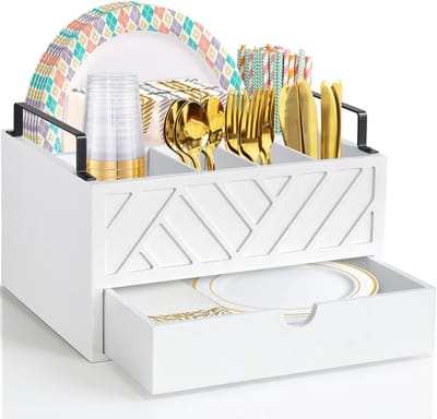 plaatdispenser met lade, papieren plaathouder voor aanrecht, hout rustiek zilverwerk gebruiksvoorwerp Caddy, Bestek Bestek Organizer voor Cup Lepel Vork Platen Servetten, Witte Keuken