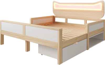 Wishdor - Kinderbed - Kattenvormig Hoofdbord Met Led-Verlichting En Opberglade - Landelijke Stijl - Hout - Wit En Eik - 140 X 200 Cm