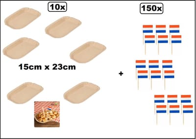 10x Kartonnen schaaltje 23cm x 15cm bruin vetwerend + 150x Cocktail prikkers Nederlandse vlag - Hapjes snacks festival thema feest kaas snack vette hap vis beleg