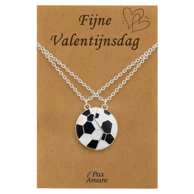 Koppel Ketting voor 2 'Fijne Valentijnsdag' - Magnetische Voetbal - Vriendschapsketting op Cadeau Kaartje - 45cm + 5cm verstelbaar - Zilverkleurig - BFF Hanger - Pax Amare