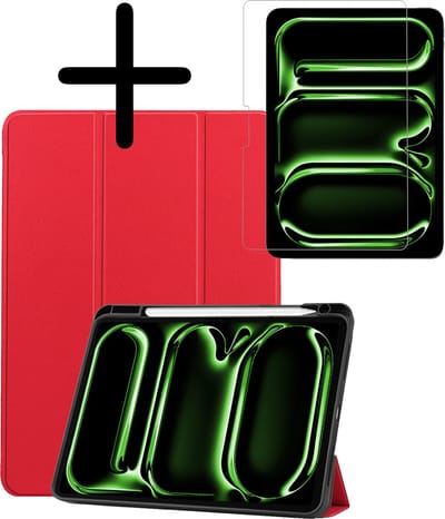 Hoesje Geschikt voor Apple iPad Pro (2024/2025) - 11 inch - Met Screenprotector - Trifold Bookcase - Hard Cover Case - Met Uitsparing Geschikt voor Apple Pencil - Hardcover Book - Tablet Hoes - Rood