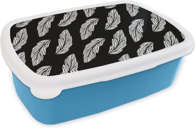 Broodtrommel Blauw - Lunchbox - Brooddoos - Patroon - Veren - Zwart Wit - 18x12x6 cm - Kinderen - Jongen