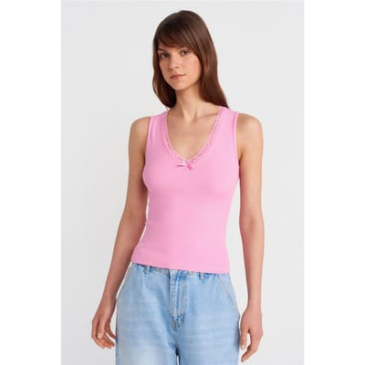 Mouwloze Kant Geribbelde V-hals Blouse