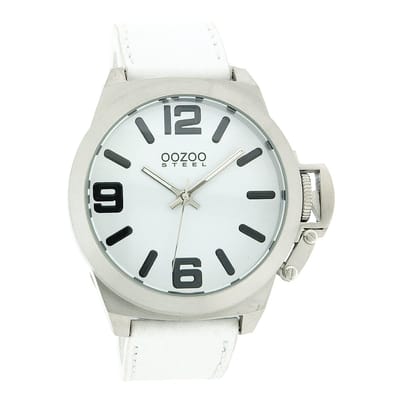 OOZOO Timepieces - Zilverkleurige horloge met witte leren band - OS114