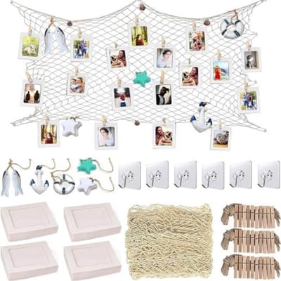 Witte Fotokader Wanddecoratie Set - 40 Stuks 6x4 inch Fotolijstjes met Visnet, Hennep Touw en Clips voor Muurdecoratie - School Thuis Feest Herinneringen Foto Display