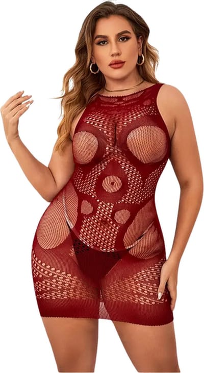 LekkerStout Plus Size Jacquard Bodycon Jurk - Bordeaux - Sexy Lingerie | M-XL | ( LS024 )