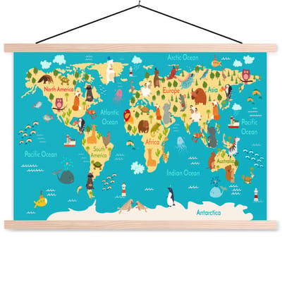 Wereldkaart voor kinderen schoolplaat platte latten blank 150x100 cm - Foto print op textielposter (wanddecoratie woonkamer/slaapkamer)
