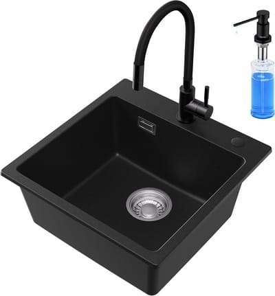 CECIPA max Granietn Spoelbak 45x45cm - Spoelbakken Met Keukenkraan en Zeepdispenser(300ML) - Spoelbak Met Kraangat - Granieten gootsteen Antraciet - Onderbouw Spoelbak - 80% kwartszand en 20% hars