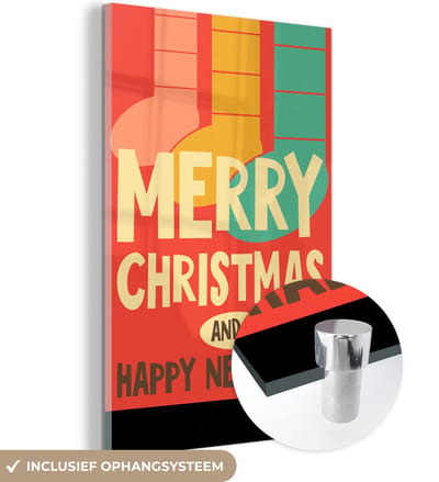 MuchoWow® Glasschilderij 120x180 cm - Schilderij acrylglas - Kerstsokken - Illustratie - Kerstmis - Quotes - Spreuken - Merry Christmas and Happy New Year - Rood - Foto op glas - Schilderijen