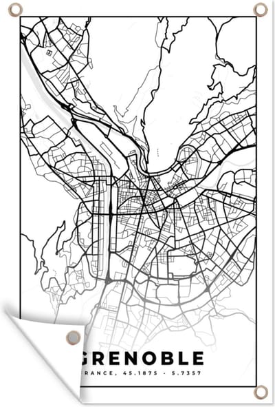 Muurdecoratie Stadskaart - Plattegrond - Grenoble - Kaart - Frankrijk - Zwart wit - 120x180 cm - Tuinposter - Tuindoek