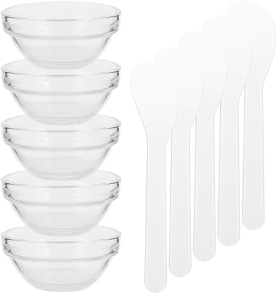 Maskermengkom Glas - Gezichtsmasker Schaal - Gezichtsverzorging Thuis - Set van 5 Stuks - 13.2 cm - Transparant