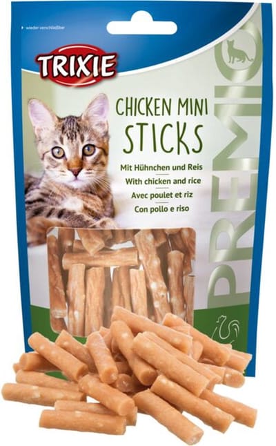 Eigen merk chicken mini sticks met kippenborst en rijst - kattensnoepjes - 5 zakjes van 50 gram -