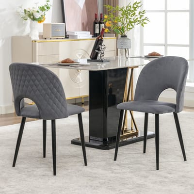 Gutent Eetkamerstoelen (2 stuks), Grijs, Gestoffeerd Ontwerp met rugleuning, Fluwelen zitting, Metalen frame, verstelbare poten, ruitpatroon op de rugleuning