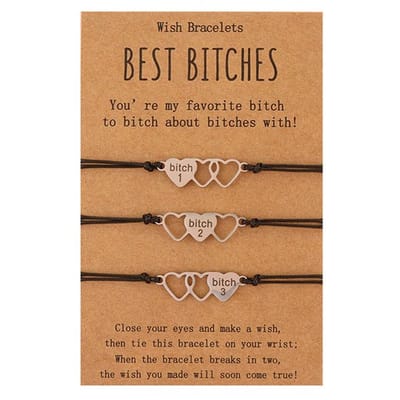 Vriendschapsarmbandjes voor 3 met Hartjes "Best Bitches" - Zilverkleurig met Zwarte Bandjes - BFF Armband op Cadeau kaartje - Pax Amare