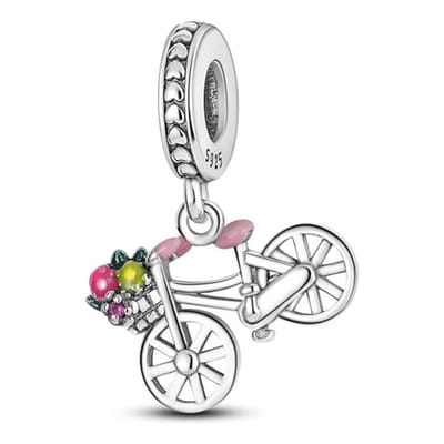 Fler® | Bedel | Past op populaire bedelarmbanden (standaard - 3mm) | Fiets Bedel | Hangbedel Charm | 925 sterling zilver | Roze, gele & groene zirkonia | Roze & groene emaille | Valentijnsdag Cadeau | Sinterklaas kado | Kerstcadeau | Verjaardag