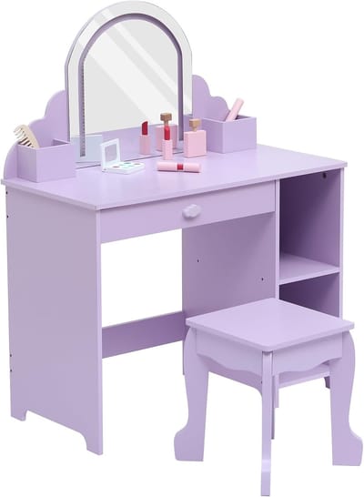 Kinder Kaptafel met Verlichte Spiegel - 2‑in‑1 Kaptafel & Krukje voor Meisjes 3‑9 Jaar, met Lade en Open Planken, paars