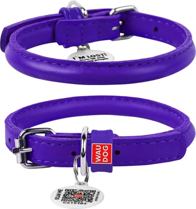 WAUDOG Glamour Rolled Halsband - Rond leder - Gratis QR-tag - Paars - XS - Diameter: 8 mm - Nekomtrek: 20 - 25 cm (GELIEVE VOORAF BESTELLEN OPMETEN)