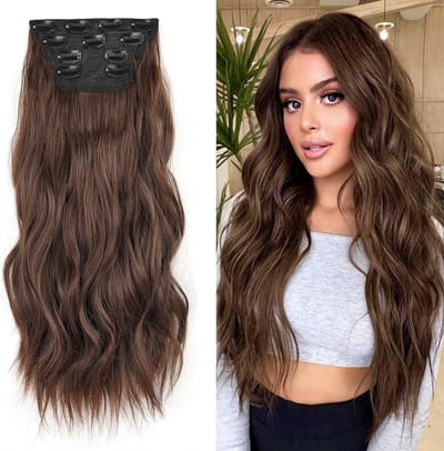16 Inch Donkerbruine Clip-In Haarextensions voor Vrouwen en Meisjes - 4 Dikke Krullen Sets, Synthetisch Haar voor Volumineuze Styling
