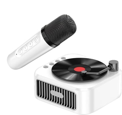 Karaoke-machine, draagbare karaoke-luidspreker, draagbare muziekspeler, microfoon inbegrepen, retro design, klein en compact, leuk voor kinderen, peutervriendelijk, feestentertainment（wit）