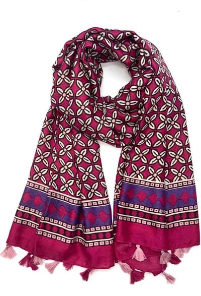 Lange dames sjaal Selma fantasiemotief roze fuchsia paars wit bruin