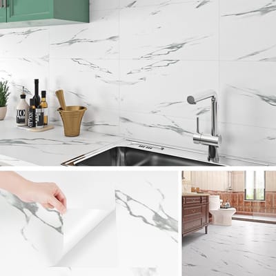 Marmeren Tegelstickers voor Keuken en Badkamer, Lichtgrijs, Waterdicht, Zelfklevend, PVC, 60 x 30 cm, Ideaal voor Woonkamer en Vloeren, 4 Stuks