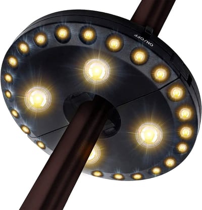 Sogiol® Patio-parasollamp - Op Batterijen - 3 Helderheidsstanden - 28 Led-lampjes - Draadloze led-parasolpaallamp - Tentlamp - Noodverlichting - Voor patio-parasols, kampeertenten of buitengebruik - Warm Licht - Zwart