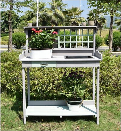 Houten Werktafel - Pottenbank Tafel - Tuinieren Organiseren - Verwijderbare Plantbak - 92x42.5x121cm - Grijsgroen