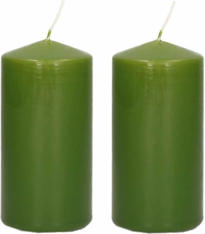 Trend Candles Cilinderkaars/stompkaars - 2x - olijfgroen - 6 x 12 cm - 40 branduren - met brandvertragende folie