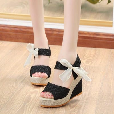 Sandales à talons hauts ajourés pour femmes, chaussures à semelles compensées à talons compensés et à fleurs florales à lacets 40 noir