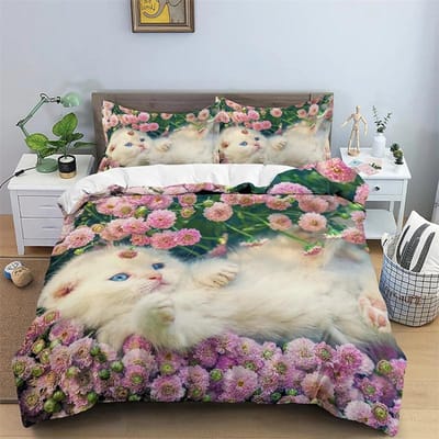 Parure de lit colorée avec chat pour enfants, garçons, filles, adolescents, housse de couette mignonne avec motif animal 3D, décoration de chambre avec fermeture éclair 140x210cm 2pcs