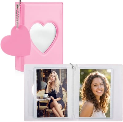 Dailygoods - Fotokaartenmap, fotokaartenmap, 9 cm, mini-fotoalbum, hartvormige uitgeholde omslag, kleine fotokaarthouder met hanger en 32 fotokaartenvakken (roze)