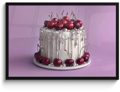 Poster in lijst - Fotolijst 90x60 cm - Posters - Taart - Kersen - Juwelen - Rood - Posterlijst zwart - Decoratie - Wanddecoratie woonkamer - Muurdecoratie slaapkamer