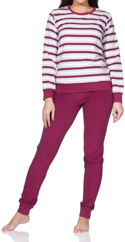 Lange badstof damespyjama's, pyjama's met een gestreepte look en een ijskristalmotief