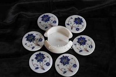 Marmeren Onderzetters - Decoratieve Steenset - Meubels Beschermen - Handgemaakt Inlegwerk - 6 Stuks - Wit