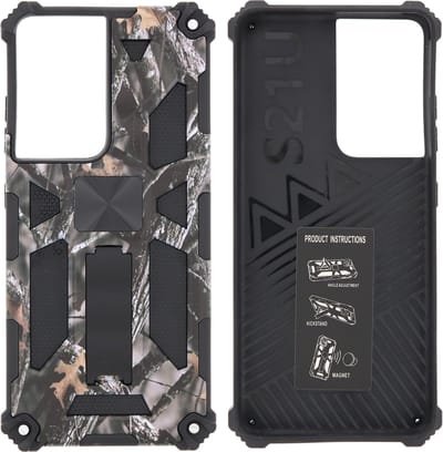 Hoesje Geschikt Voor Samsung Galaxy S21 Ultra Hoesje - Rugged Extreme Backcover Takjes Camouflage met Kickstand - Grijs