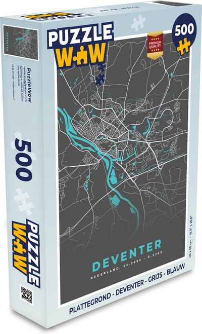 Puzzel Plattegrond - Deventer - Grijs - Blauw - Legpuzzel - Puzzel 500 stukjes - Stadskaart