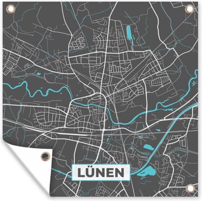 Tuin poster Stadskaart – Kaart – Lünen – Blauw – Duitsland – Plattegrond - 200x200 cm - Tuindoek