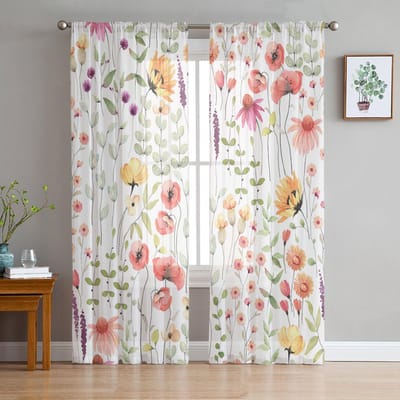 Zonnebloemen Eucalyptus Bladeren Klaprozen Voile Transparante Gordijnen Woonkamer Raam Tule Gordijn Keuken Slaapkamer Huisdecoratie 135W x 114H(cm) white