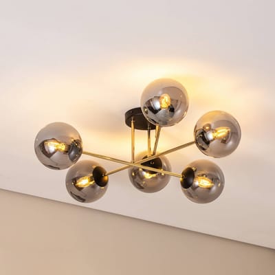 Euluna Plafondlamp Glassy, 6-lamps, zwart/goud/grafiet