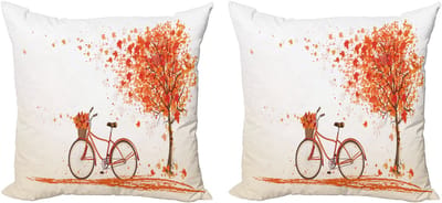 ABAKUHAUS Decoratieve kussenhoes met fietsmotief, 2 stuks, Oranje herfstboom, Modern accent, dubbelzijdige digitale print, 50x50 cm, Oranje