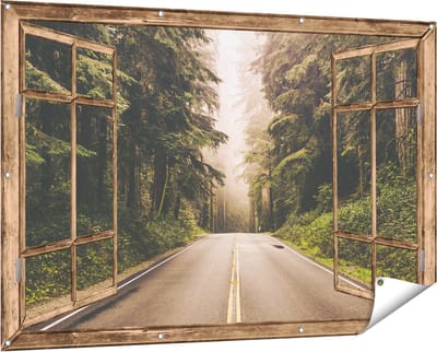 Gards Tuinposter Doorkijk Highway in Californi� Omring met Bos - 150x100 cm - Tuindoek - Tuindecoratie - Wanddecoratie buiten - Tuinschilderij